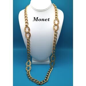 Monet Long Link Necklace, Gold Plated, 1970s Vintage Jewelry